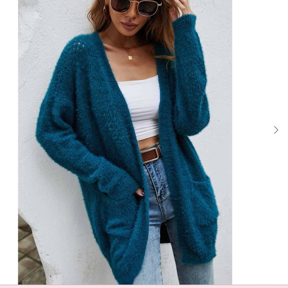 Teal Eyelash Knit Open Cardigan Sweater L